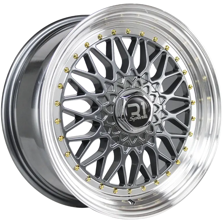 RIN 17X8.5 4-100/108 R1 SPORT QC112 BB GUNMETAL MACHINE LIP GOLD RIVETS ET25 CB7